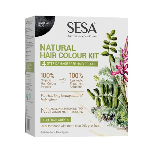 Image of SESA 4 Step Natural Hair Colour Kit - For HIGH GREY% - 100% Organic & Ayurvedic - NO Ammonia, PPD, Peroxide, 200gm + 40m