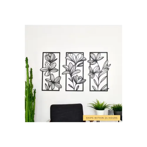 Image of Set of 3 Black Floral woodan Metal Wall Art