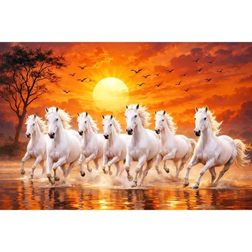 Image of Seven White Horses Running Vastu Vinyl Sticker, 13x19 inch