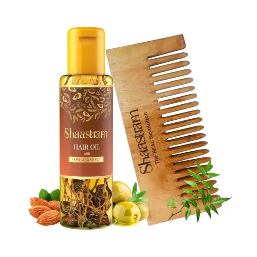 Image of Shaastram Olive Almond Herbal Hair oil 100ml + Pure Neem Comb Combo