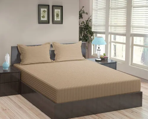 Image of SHALRA Polycotton Double Fitted (Elastic) 144 TC Striped Bedsheet  (Pack of 1, Cream)