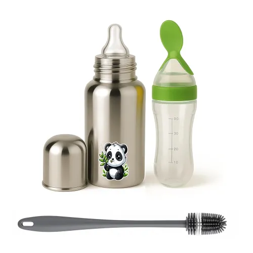 Image of Shark Doo Doo® Stainless Steel Bottle for Babies (0-12 Months) - 250ml with Silicone Cleaning Brush 