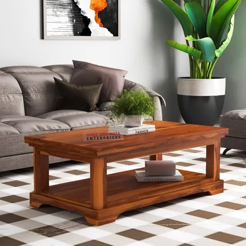 Image of Solid Sheesham Wood Coffee Table for Living Room | Office & Cafe | Premium Wooden Center Table | Elegant Honey Teak Fini
