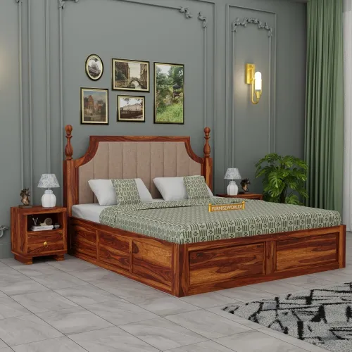 Image of Sheesham Wood King Size Bed with Box Storage Honey Finish