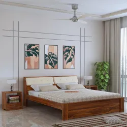 Sheesham Wood Queen Size Bed Without Storage with Upholstered Headboard Storage