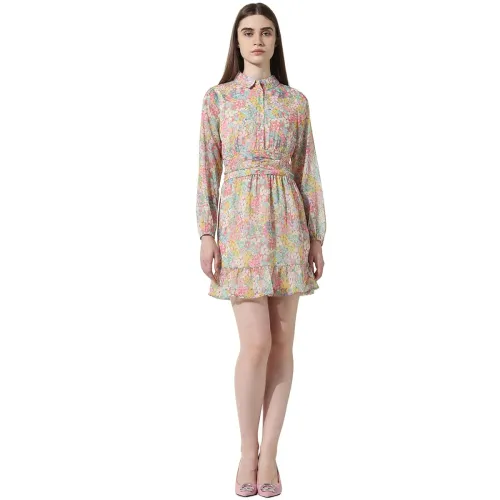 Image of ONLY Floral Printed Shirt Collar Tiered Chiffon Fit & Flare Dress
