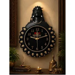 Shiv Ji Mahakal Analog Wall Clock, Black Glass, Silent Movement, 33 x 24 cm, Lord Shiva Idol Design