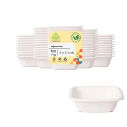Shrayati Sugarcane Bagasse Bowls, 4 inch, 100 Pcs, Biodegradable Bagasse Disposable Sqauare Bowls for Convenient and Sustainable Eating