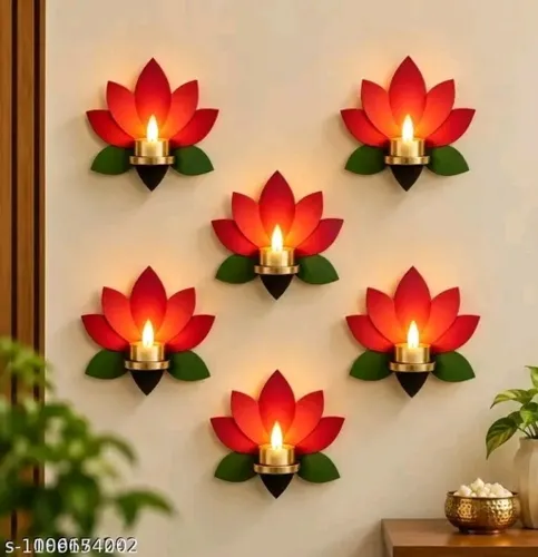 Image of Shrived Lotus Decorative Wall Mounted Diya Holder Pack of 6 (Red)