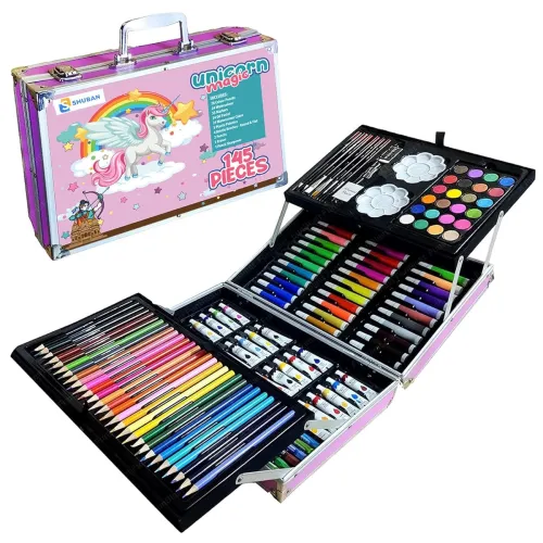 Image of Shuban Deluxe Art Set Box & Drawing Kit with Crayons, Oil Pastels, Colored Pencil Deluxe Gift Art (145 Pcs Art Set-Pink)