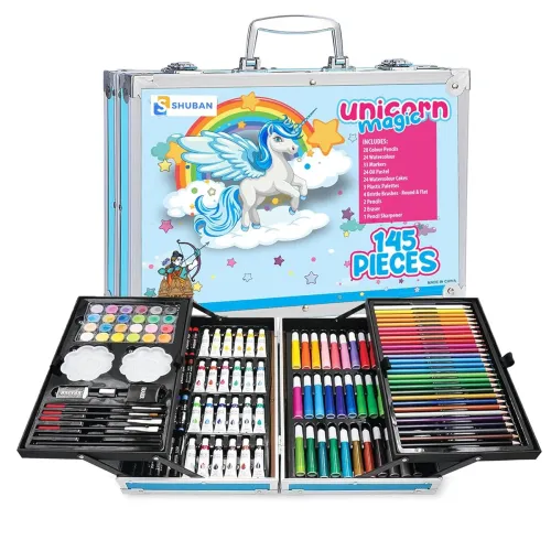 Image of Shuban Deluxe Art Set Box & Drawing Kit with Crayons, Oil Pastels, Colored Pencil Deluxe Gift Art (145Pcs Unicorn-Blue)