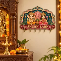 Shubh Labh Ganesh Lakshmi Wooden Wall Key Holder with 6 Hooks