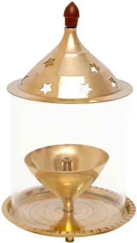 Image of Shubhkart Nitya Akhand Jyot Aaradhya with Borosilicate Glass - Large Brass Table Diya (Height: 9.8 inch)