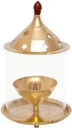 Shubhkart Nitya Akhand Jyot Aaradhya with Borosilicate Glass - Large Brass Table Diya (Height: 9.8 inch)
