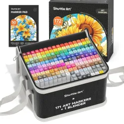 Shuttle Art 172 Colors Dual Tip Alcohol Based Art Markers,171 Colors Plus 1 Blender Permanent Marker 1 Marker Pad with C