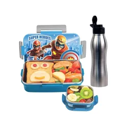 SIGNORA WARE Delight C Nugget Stainless Steel Printed Lunch Box Set for Kids | Airtight Lid with Clip Lock | Compact & Sleek Size | Great for Picnics & Outdoors (700ml + 130ml + 750ml Bottle | Blue)