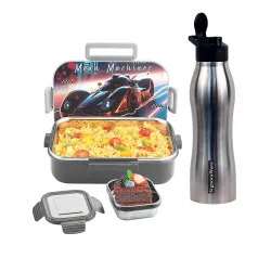 SIGNORA WARE Delight C Chipmunk Stainless Steel Printed Lunch Box Set for Kids | Airtight Clip Lock Lid | Compact & Sleek Size | Great for Picnics & Outdoors (850ml + 160ml + 750ml Bottle |....