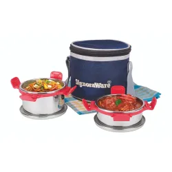 SignoraWare 500ml+350ml All Steel Executive Small Lunch Box with Bag, Food Grade BPA Free, Leak Proof and Air Tight Stainless Steel Containers, Compact and Sleek Tiffin Box (Set of 2 Red)