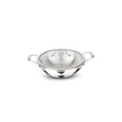 Signoraware Artista Tri Ply Stainless Steel Shallow Kadhai 18cm with Glass Lid | Induction & Gas Compatible | Durable | 