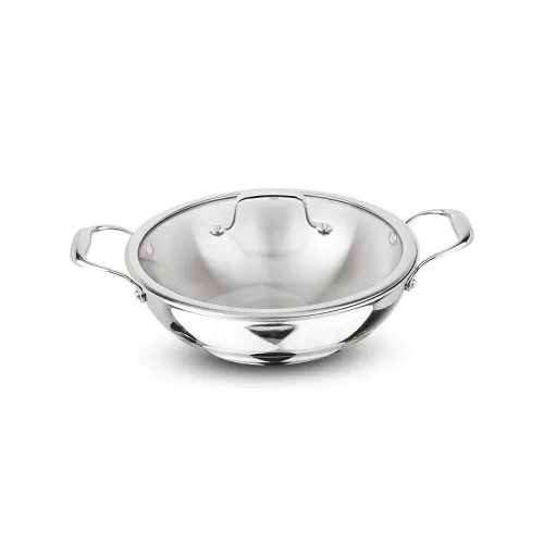 Image of Signoraware Artista Tri Ply Stainless Steel Shallow Kadhai 26cm with Glass Lid | Induction & Gas Compatible | Durable | 