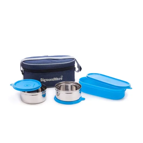 Image of Signoraware Double Decker Stainless Steel Lunch Box Set with Bag, 3-Pieces, Blue