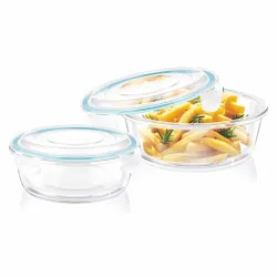 Signoraware Lock N Store Glass Round Container Set | Microwave Safe | Easy Locking Clips| Airtight & Leakproof | Ideal f