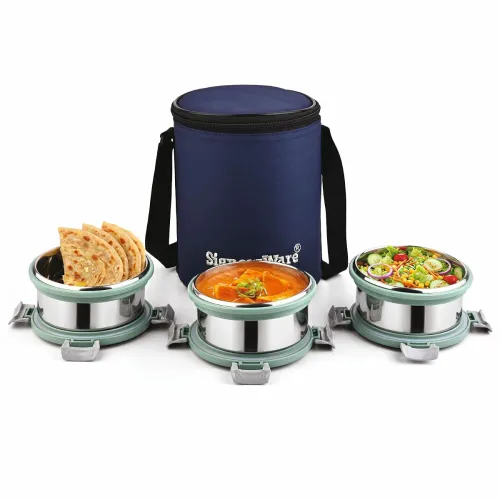 Image of Signoraware Meal Mate Steel Big Lunch Box+Bag (450mlx3, EGreen)