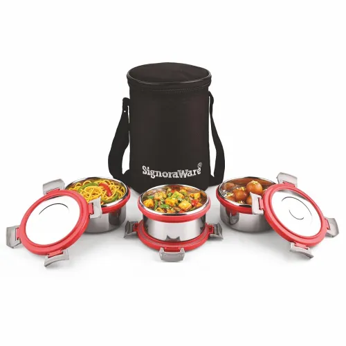 Image of Signoraware Meal Mate Steel Small Lunch Box+Bag (350mlx3, Red)