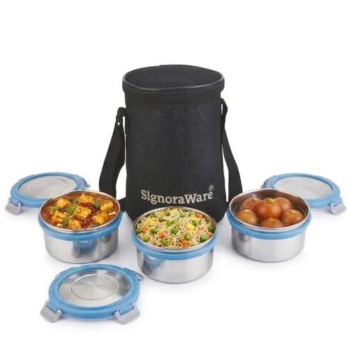 Image of Signoraware Meal Mate Steel Small Lunch Box+Bag (350mlx3, Blue)