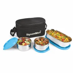 SignoraWare Mini Double Decker Stainless Steel Lunch Box,(225ml+225ml+450ml, Blue), Dishwasher Safe, Retains Freshness & Quality, Best for Office Executives & Students, Picnics and Outings