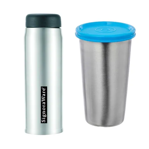 Image of Signoraware My Steel Single Walled Stainless Steel Fridge Water Bottle, 600 ml, Silver + Stainless Steel Tumbler, Blue C