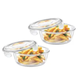 Signoraware Safe Store Glass Round Containers | Airtight & Leakproof | Microwave Safe | Ideal for Reheating, Baking or S