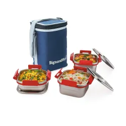 SignoraWare (500ml+350ml+350ml) Director Squarex Stainless Steel Lunch Box with Lock Clip Lids and Bag, BPA Free Plastic