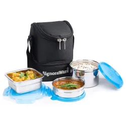Signoraware Trio Stainless Steel Lunch Box, Set of 3, 500 ml+ 400 ml+ 200 ml, Blue