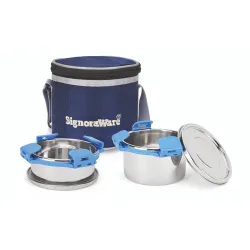 SignoraWare 500ml+350ml All Steel Executive Small Lunch Box with Bag, Food Grade BPA Free, Leak Proof and Air Tight Stainless Steel Containers, Compact and Sleek Tiffin Box (Set of 2 Blue)