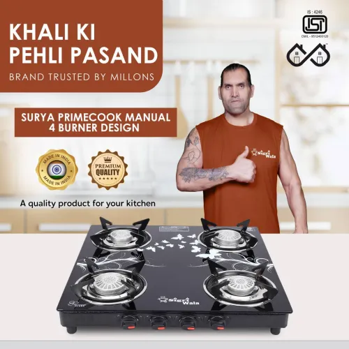 Image of Sigri-wala Surya Primecook Manual Cute Design Toughened Glass Gas Stove Glass Manual Gas Stove  (4 Burners)