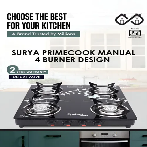 Image of Sigri-wala Surya Primecook Black 4 Burner Manual GlassGasstove
