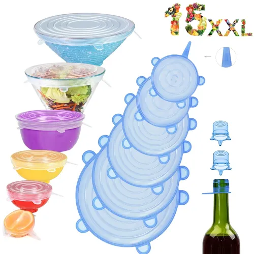 Image of Microwave Safe Silicone Stretch Lids, Reusable Flexible Covers for Bowls, Plates, Cans, Jars, and Mugs - Set of 6 Multic