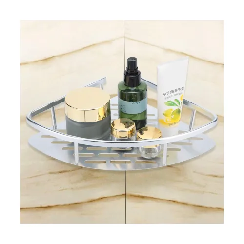 Image of Silver Shower Caddy Storage Basket Bathroom Corner Shelf Wall Mounted Rack 