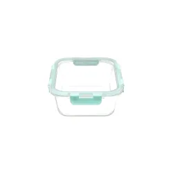 SIMPARTE 370ml Rectangular Borosilicate Glass Food Storage Container with Airtight Leak-Proof Blue Lid | Microwave, Freezer & Dishwasher Safe | Transparent Lunch Box