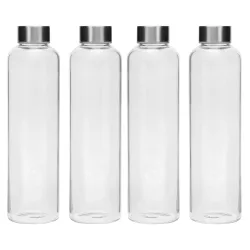 SIMPARTE Borosilicate GlassWater Bottles 750ml | Leak-Proof, Freezer Safe, Wide Mouth | Stainless Steel Cap | Ideal for School, Office, Gym Use | Set of 4