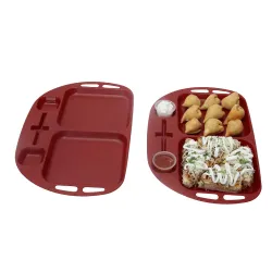 SIMPARTE Unbreakable Plastic Kid-Friendly Serving Tray with Toothpick Holder, 4 Partitions for Tea and Snacks|Parties|Kitchen and Dining|Microwave Safe|Set of 2, Red
