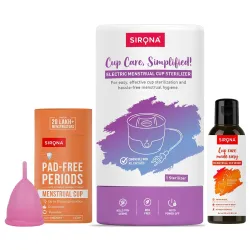 Sirona Reusable Menstrual Cup for Women (Medium) + Electric Steam Sterilizer + pH Balanced Menstrual Cup Wash (100 ml) - Pack of 3 | Rash, Odour & Itch-Free Period Care with Quick Cleaning