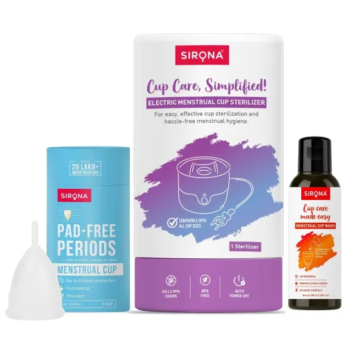 Image of Sirona Small Reusable Menstrual Cup + Electric Steam Sterilizer + pH Balanced Wash, 100ml * Pack of 3