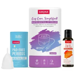 Sirona Small Reusable Menstrual Cup + Electric Steam Sterilizer + pH Balanced Wash, 100ml * Pack of 3