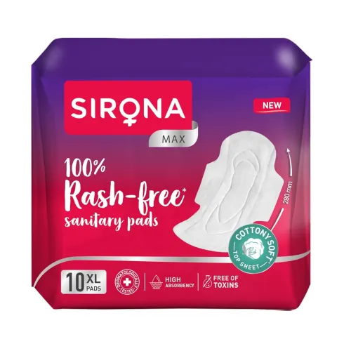 Image of Sirona Max Sanitary Pads for Women | XL (Pack of 10 Pads) | 100% Rash Free & Toxic-Free | Organic Cotton Sanitary Pad | 