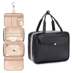 SITTELLA Waterproof Pu Leather Foldable Toiletry Kit Bag with Hanging Hook, Travel Storage Organizer, Vanity Make Up Organizer Bag for Women, Full Size Container for Toiletries, Black - 10 C...