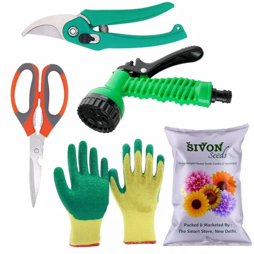 Image of SIVON Gardening Tools Kit-5 Pcs (Garden Pruner, Garden Scissor, Gardening Gloves Green, Water Spray Gun, Flower Seeds Pa