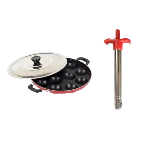 Image of Sjeware Non-Stick Aluminium Appam Patra 12 Cavity, Red