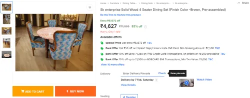 Image of Sk enterprise Solid Wood 4 Seater Dining Set (Finish Color -Brown, Pre-assembled)